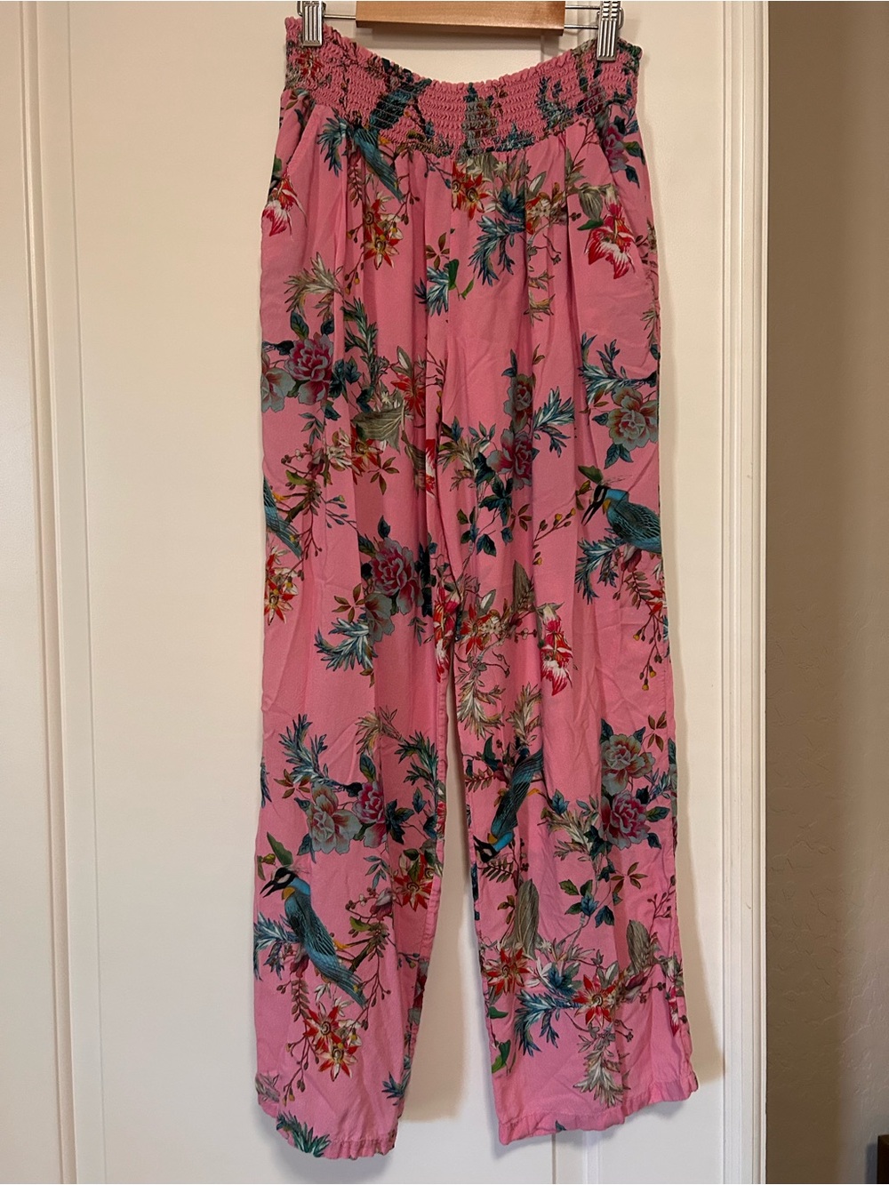 🦩🌸🦚Johnny Was Smocked Summer Pink Wide-Leg Palazzo Bird & Floral Pants 🦚🌸🦩